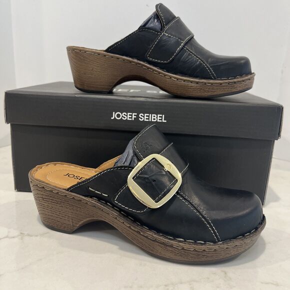 Josef Seibel NEW Lily Clogs Mules Shoes Black Leather Buckle EU 36 (US 5-5.5) - Picture 1 of 13